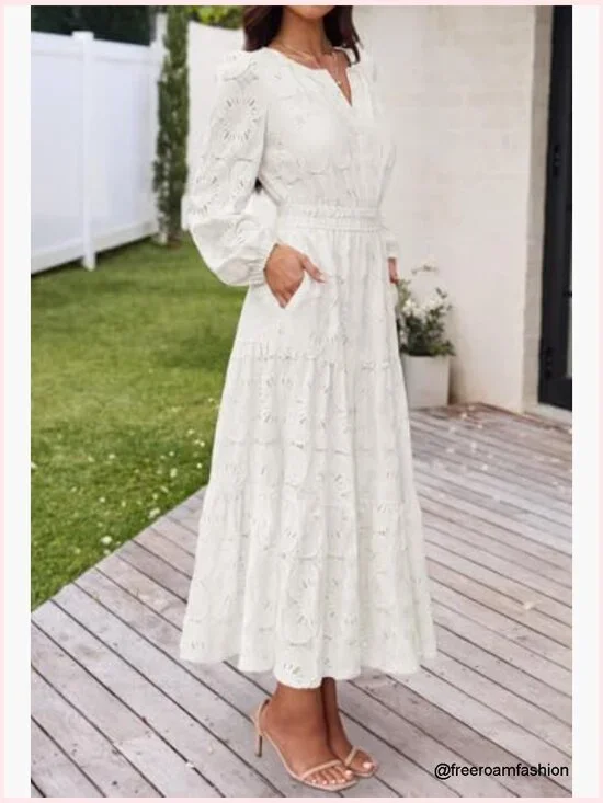 Long Sleeve Floral Maxi Dress with Pockets, Lace Eyelet Boho Formal - Picture 3 of 7